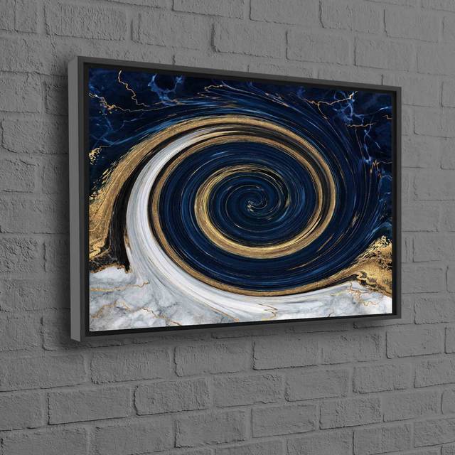 Modern Navy Blue And Gold Abstract Alcohol Ink Artwork On Canvas For Wall Decor - Black Floater Framed (50 cm H x 70 cm W)