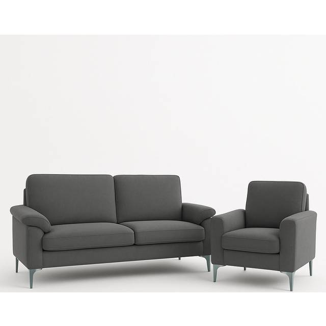 Modern Sofa 3 and 1 Seaters Set Fabric with Chrome Feet - Comfortable Couch with Cushion for Living Room, Bedroom or Office - Grey