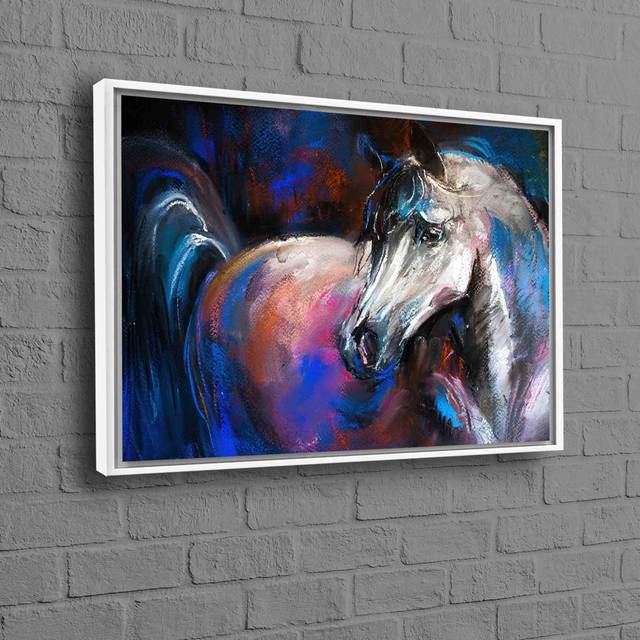 White Horse Oil Painting Print on Abstract Art Canvas Depicting Majestic Animal for Unique and Modern Home Decor - White Floater Framed (80 cm H x 110 cm W)