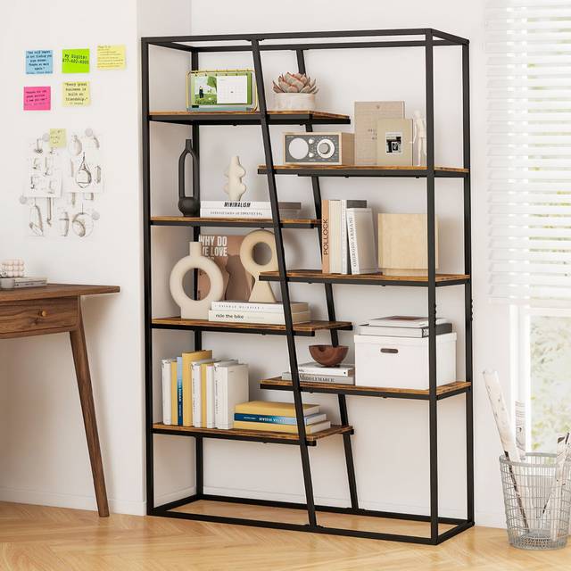 Tall Bookshelf 7-Tier Industrial Etagere Bookcase Display Rack-Brown (180cm H X 115cm W X 40cm D)
