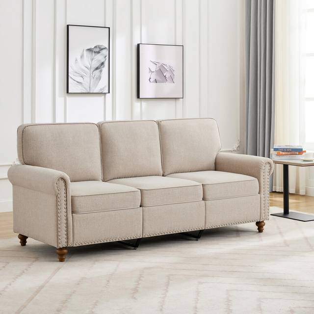 3 Seater Studded Couch Linen Fabric Settee living room, office Beige