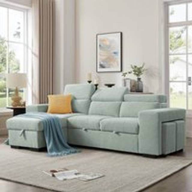 Azalea Sofa With Chaise and Pull-Out Sofa Bed - Pale Green - One Size