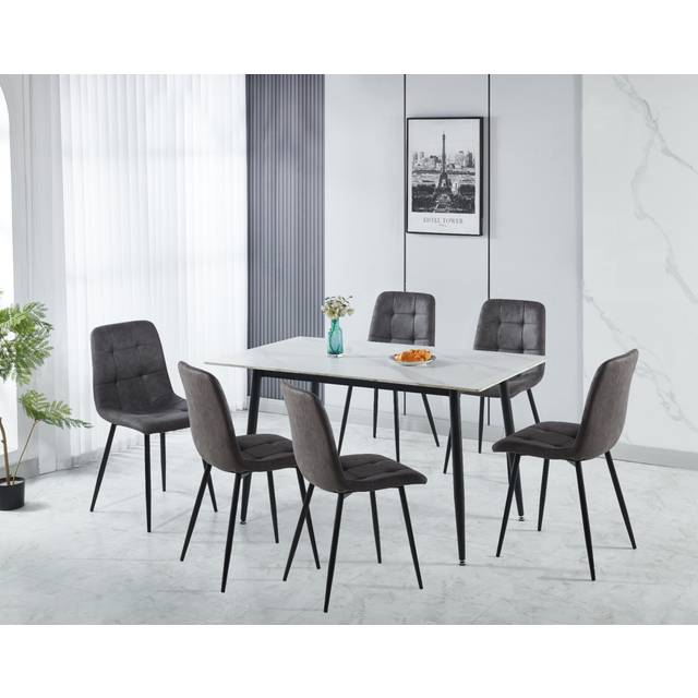 Seconique Fenton Dining Set (x6 Chairs) - White/Dark Grey Suede Fabric, Grey