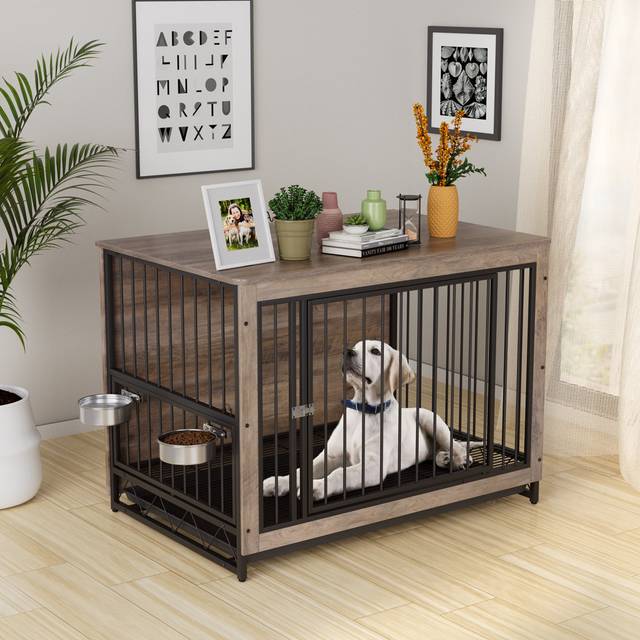 Dog Cage For Home, Wooden Dog Box, 93 X 64 X 58 Cm, Dog House With 2 Dog Bowls And Door, Dog House For Indoor Use With Removable Tray, Dog Box For Med - Gray (Medium (9-22kg);Small (10-20lbs);Extra Small (5-10lbs))