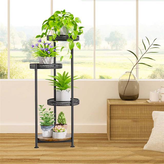 4 Tier Plant Stand For Indoor And Outdoor - Black;Brown (90cm H X 25cm L X 25cm D)