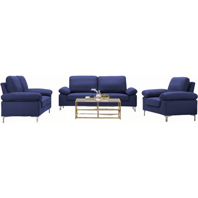 Modern Blue Sofa 3 2 1 Seater Set Fabric with Chrome Feet - Comfortable Couch with Cushion for Living Room, Bedroom or Office