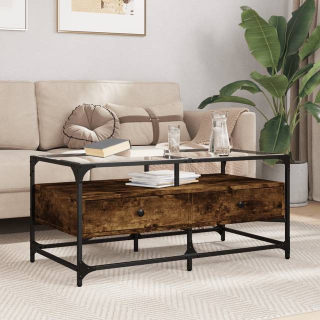 Borough Wharf Coffee Table With Glass Top Smoked Oak 98.5X50x45 Cm Steel