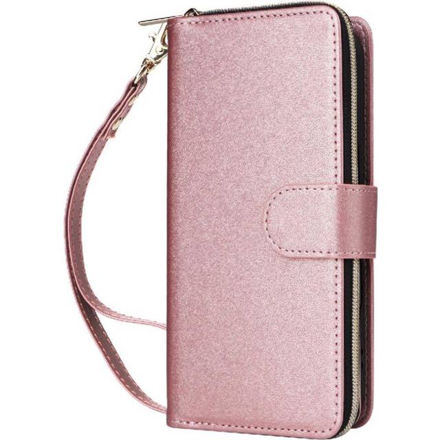 (Rose Gold ) Compatible with iphone 16 Pro Max Wallet Case Pu Leather Wrist Strap Magnetic Closure 9 Card Holder Zipper Pocket