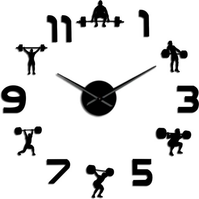 (Black, 47 inch) Fitness Room Wall Decor DIY Giant Wall Clock Mirror Effect Powerlifting Frameless Large Wall Clock Wall Watch