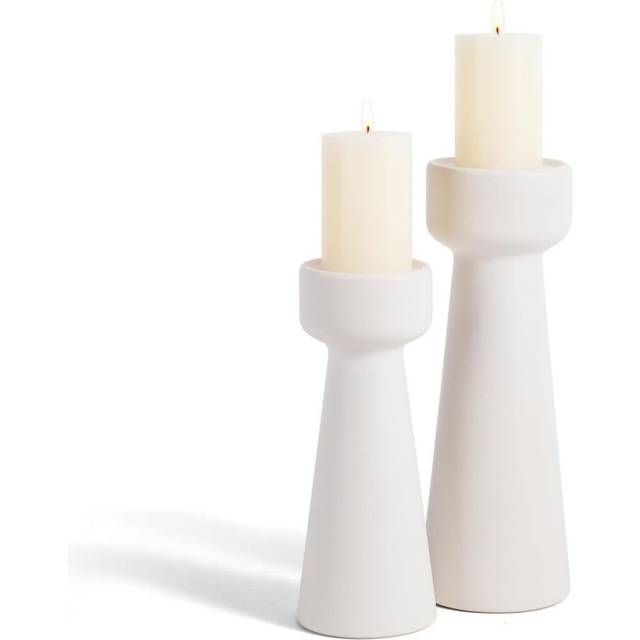 Ceramic Taper Candlestick Holders Set of 2 - White (20cm H X 7.5cm W X 7.5cm D)