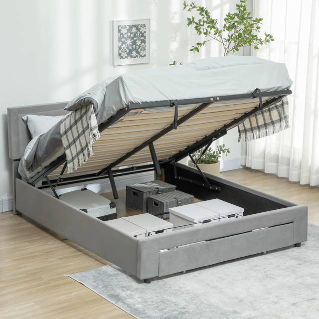 HOMCOM Double Bed Frame with Storage and Adjustable Velvet Headboard | TJ Hughes Grey