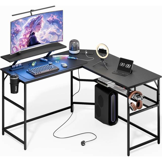 Computer Desk With Power Outlet And LED Light, Flip Home Desk With Monitor Stand And 2-Tier Storage Shelves - Black