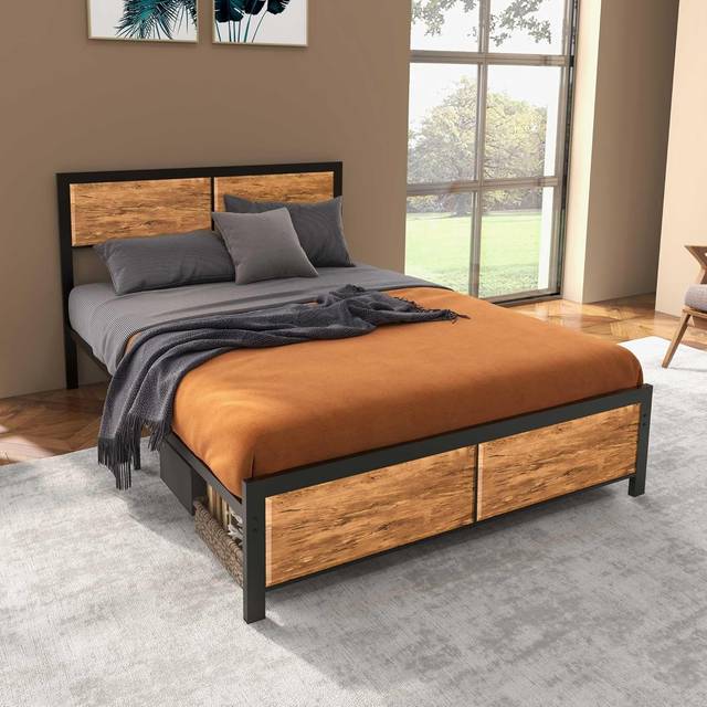 HOMCOM Double Size Bed Frame Steel Bed Base with Headboard 147 x 197cm Brown | TJ Hughes
