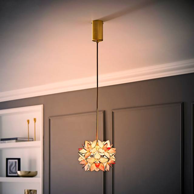Allissia Pink Glass Flower Shade Brushed Gold Thread Ceiling Pendant Light