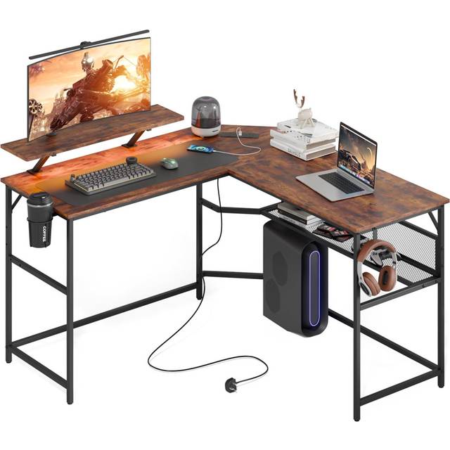 Computer Desk With Power Outlet And LED Light, Flip Home Desk With Monitor Stand And 2-Tier Storage Shelves - Brown