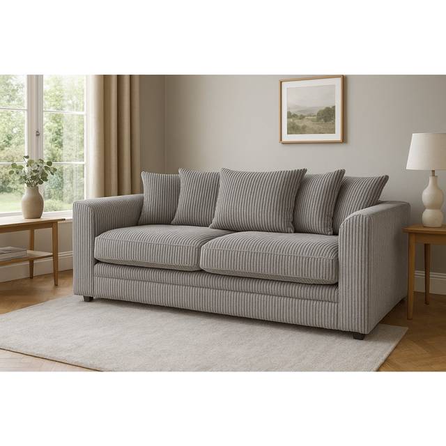 3 Seater Jumbo Cord Sofa – Small Back Sectional With Fixed Cushions & Deep Seating For Living Room Comfort - Silver (90cm H X 190cm W X 60cm D)