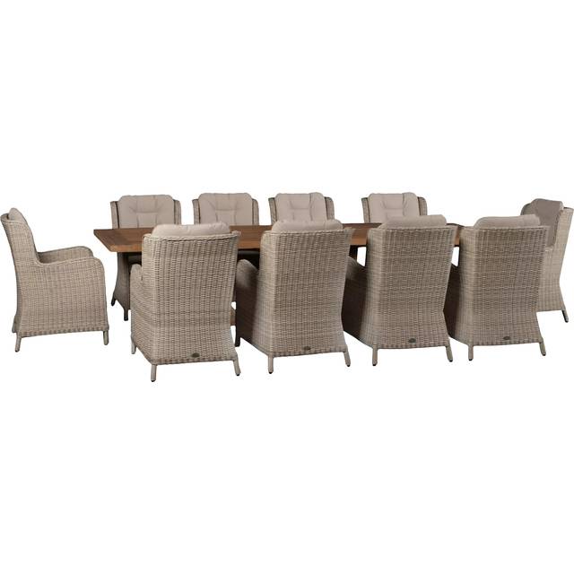 Bramblecrest Kuta Chedworth 10-Seater Rectangular Teak Wood Garden Dining Table & Rattan Chairs Set, Sandstone