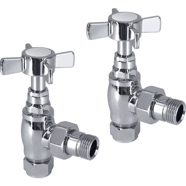 Traditional Angled Heated Towel Rail Radiator Valves 15Mm Manual Cross Head Pair - Chrome