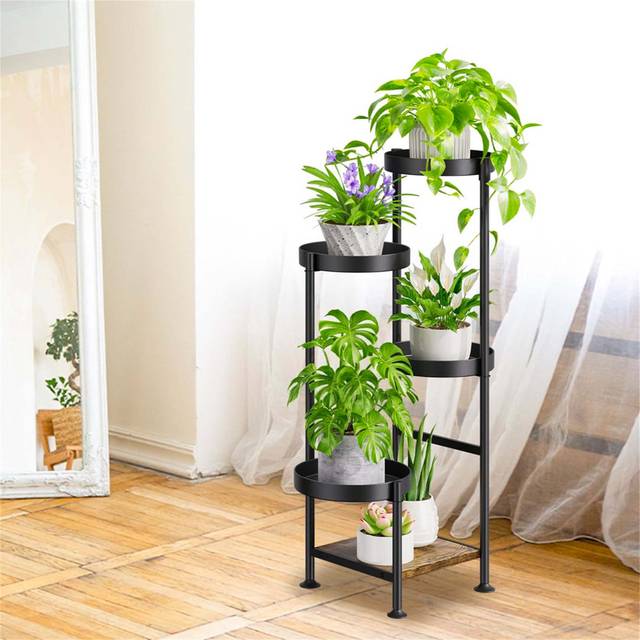 5 Tier Plant Stand For Indoor And Outdoor - Black;Brown (80cm H X 25cm L X 25cm D)