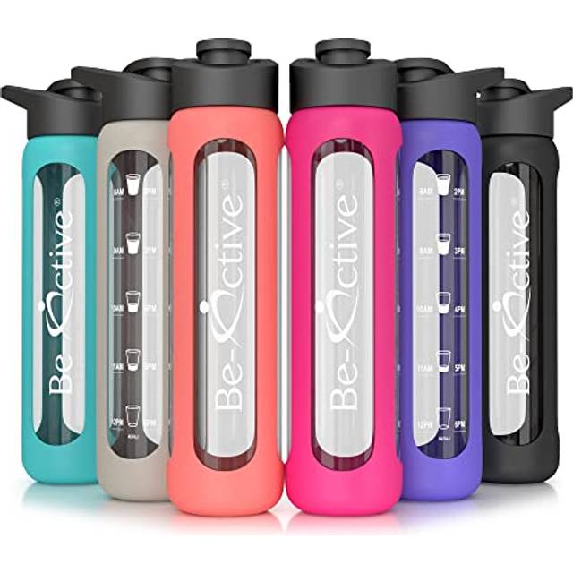 Glass Water Bottle 700ml Flip Top with Times to Drink | Borosilicate Glass | Motivational bottles | BPA Free | Eco Friendly (Black)