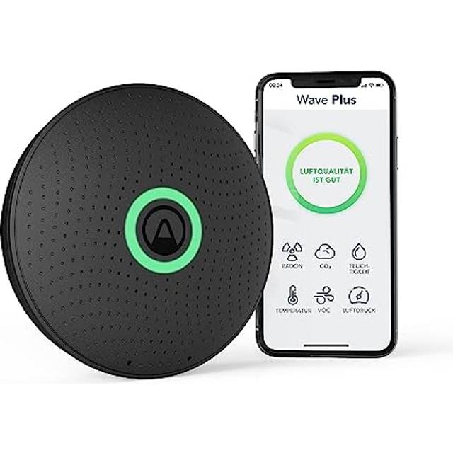 Airthings Wave Plus Black Edition, Radon- och Luftkvalitetsmätare för Inomhusluft (Co2, Voc, Luftfuktighet, Temperatur, Lufttryck), 12 cm Diameter, Vit, 2930
