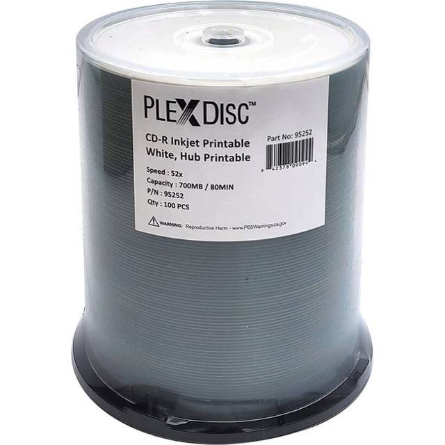 PlexDisc 95252 CD-R 700MB 52X White Inkjet Hub Printable - 100pk Spindle Frustration Free Packaging  100 Discs