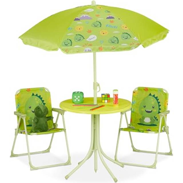Relaxdays - Children's Camping Furniture Set with Parasol, Folding Chairs & Table, Kids' Garden Ensemble, Monster, Green