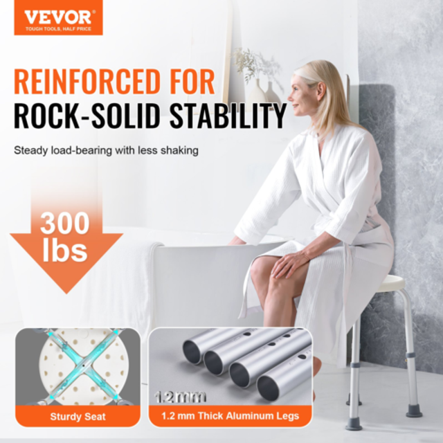 VEVOR Shower Chair for Inside Shower, Adjustable Height Shower Stool, Non-Slip Bench Bathtub Seat Stool for Elderly Disabled Adults Handicap, 136.1 kg Capacity