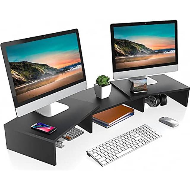 FITUEYES Wood Dual Monitor Stand Riser for Computer TV Laptop Swivel,Length Adjustable DT108001WB