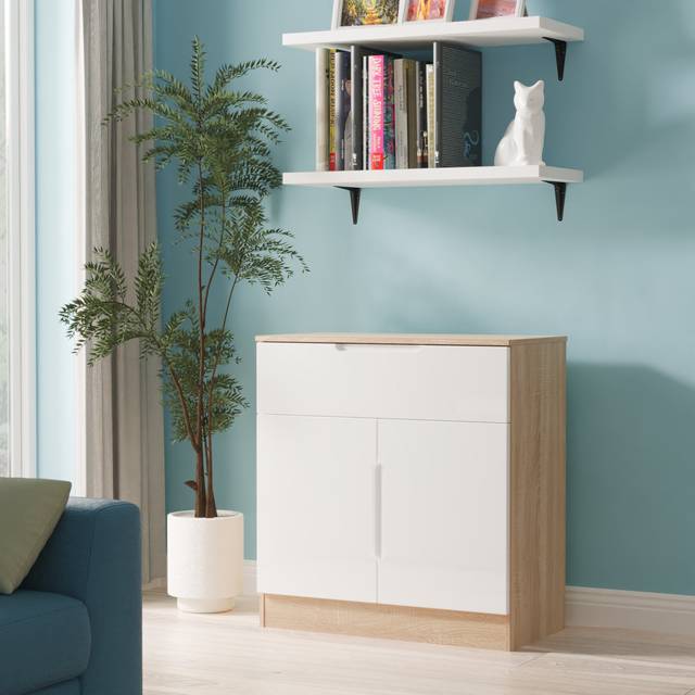 Milan 1 Drawer 2 Door Sideboard in White Gloss & Bardolino Oak - Ready Assembled - Lewis's Home | TJ Hughes