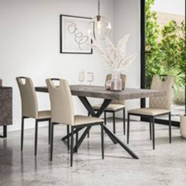 (Beige) Donni Dining Table And Chairs Concrete Effect Top w 4-6 Monza Faux Leather Chair