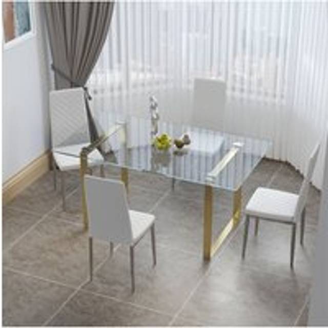 Modern Tempered Glass Dining Table with Gold Base - One Size