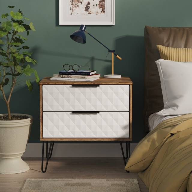 Harlequin 2 Drawer Side Table in White Matt & Vintage Oak - Ready Assembled - Lewis's Home | TJ Hughes