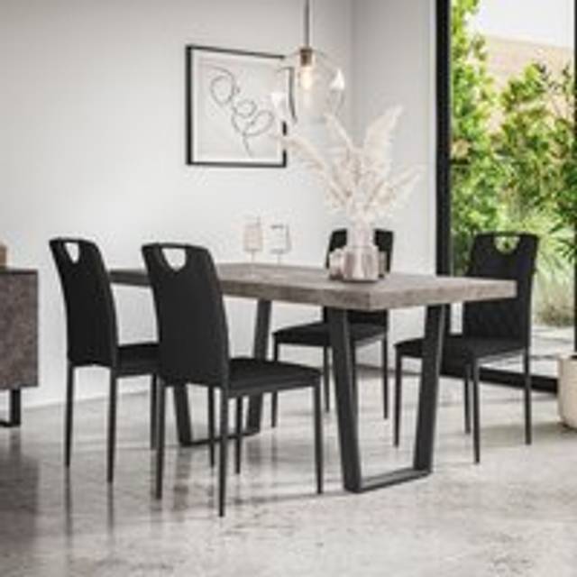 (Black) Aria Dining Table And Chairs - Concrete Effect w 4-6 Monza Faux Leather Chair