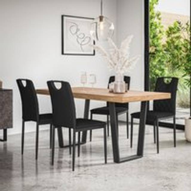 (Black) Aria Dining Table And Chairs - Oak Effect Table w 4-6 Monza Faux Leather Chair