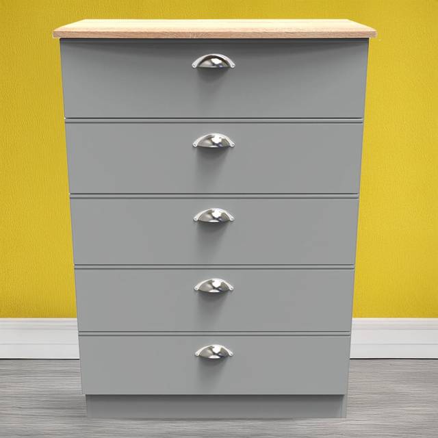 Crowndale Victoria 5 Drawer Dusk Grey and Oak Chest of Drawer - 5 Drawers