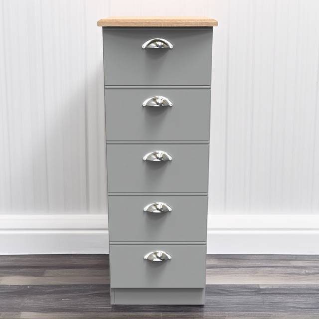 Crowndale Victoria 5 Drawer Dusk Grey and Oak Tall Bedside Cabinet