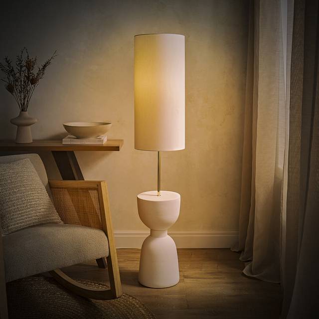 Esme Linen Tall Lamp Shade Ceramic Table Base Midi Floor Lamp and Bulb - Cream - One Size