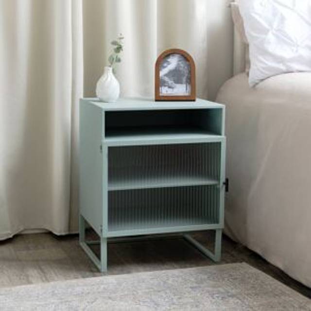 Pair of Pale Blue Reeded Glass Bedside Tables Material: Furniture/Bedside Tables