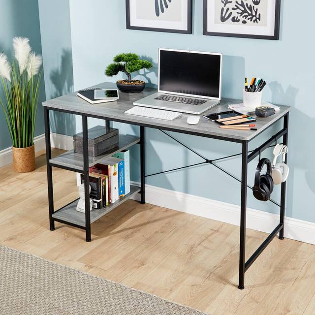 Home Source Stanton Grey Desk With Adjustable Shelves Headphones Hooks, Grey
