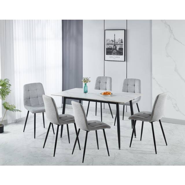 Seconique Fenton Dining Set (x6 Chairs) - White/Light Grey Fabric, Grey