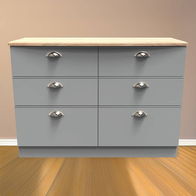 Crowndale Victoria 6 Drawer Dusk Grey and Oak Wide Midi Chest of Drawer