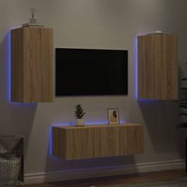 4 Piece TV Wall Units with LED Sonoma Oak Engineered Wood - Brown - One Size