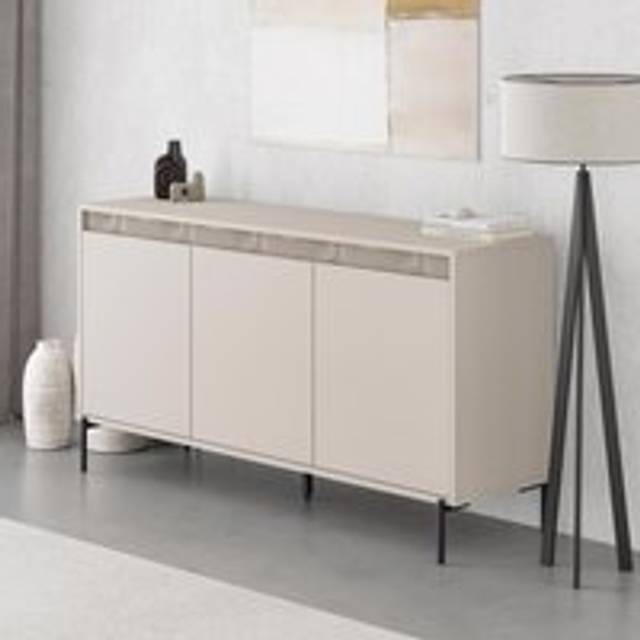 Sandstone 3 Door Sideboard Textured Plinth Black Metal Legs No Handle