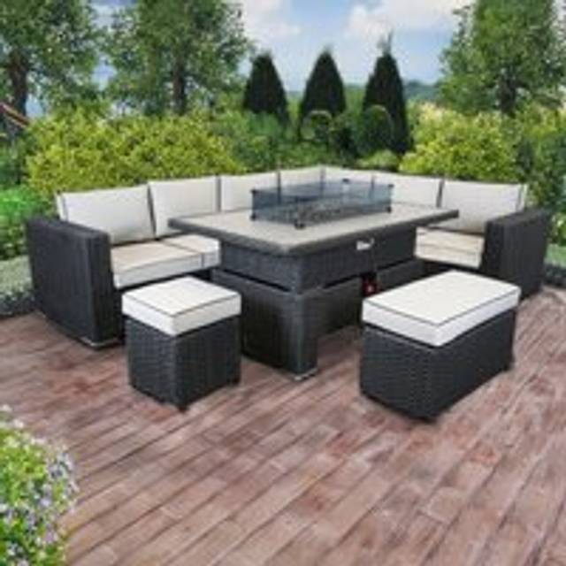 (No) L Shaped 9 Seater Black Rattan Patio Set With Fire Pit Table