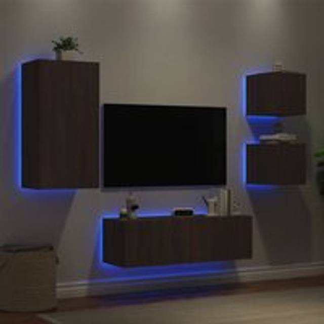 4 Piece TV Wall Cabinets with LED Lights Brown Oak - One Size