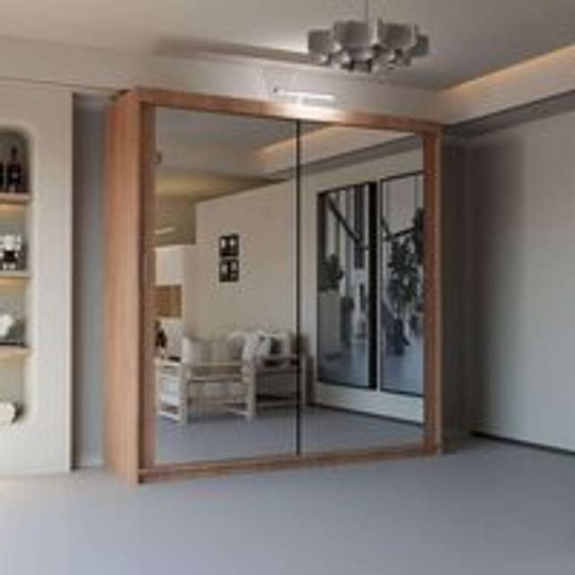 Double Mirror Sliding Wardrobe With LED Light W150cm x H217cm x D62cm - Walnut - One Size