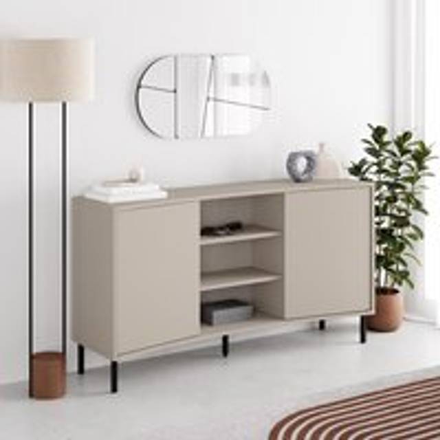 Fwstyle - 2 Door Curved Sideboard - Sandstone Finish - Modern Handleless Storage Unit with Black Metal Legs - 150cm Wide