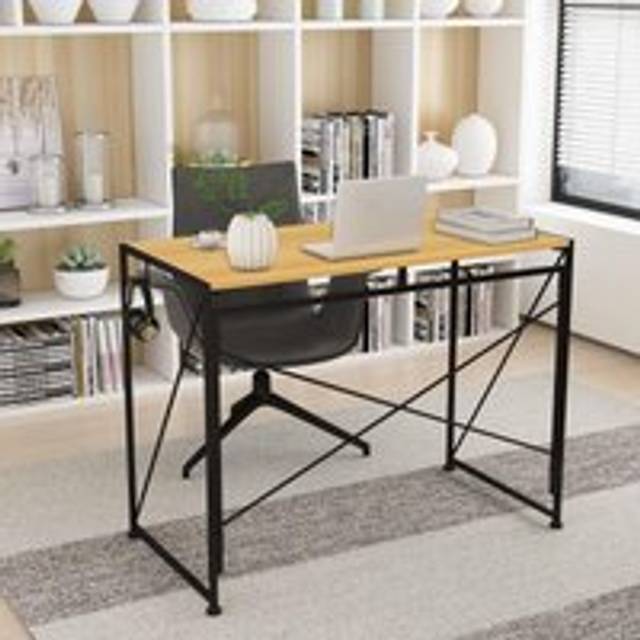 (Light Oak) Folding Compact Desk Computer Table Storage Hook