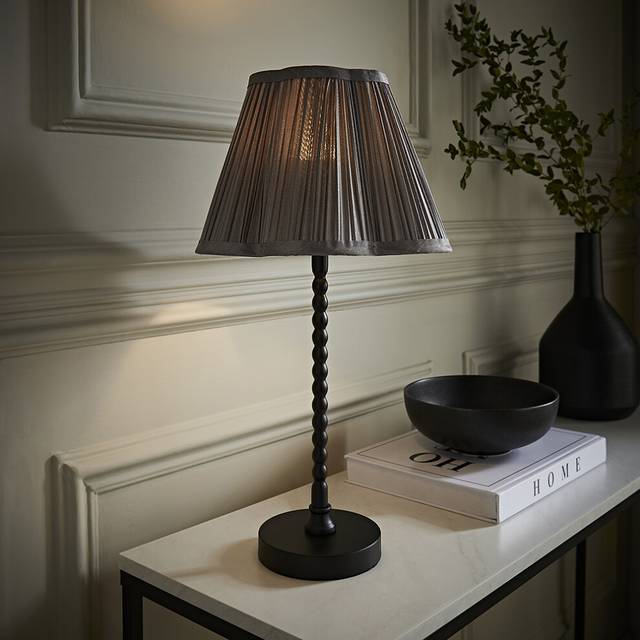 ValueLights Maeve Dark Grey Pleat Faux Silk Black Bobbin Table Lamp